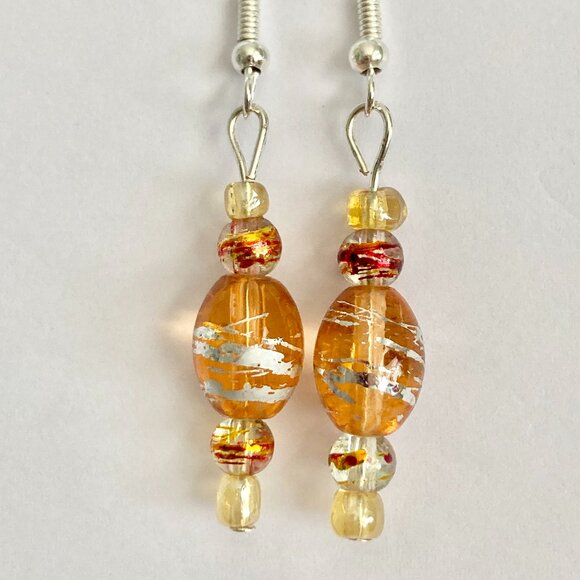 Peach Orange Murano Art Glass Earrings Bead Hand Painted Round Silver Plated - Picture 4 of 8